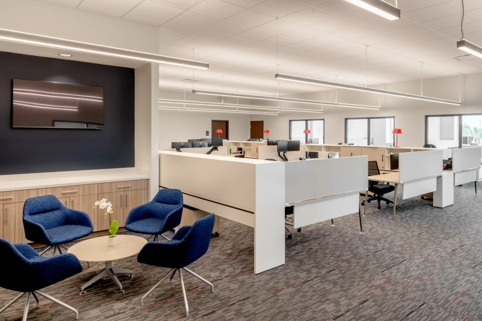 lounge area and office cubicles